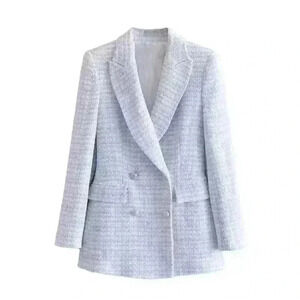Bleu Double Breasted Tweed Blazer
